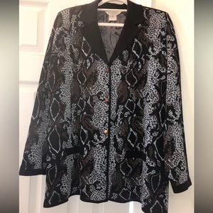 Misook Woman Knit Lt Blue Black Leopard Animal Print Button Cardigan Jacket 1X